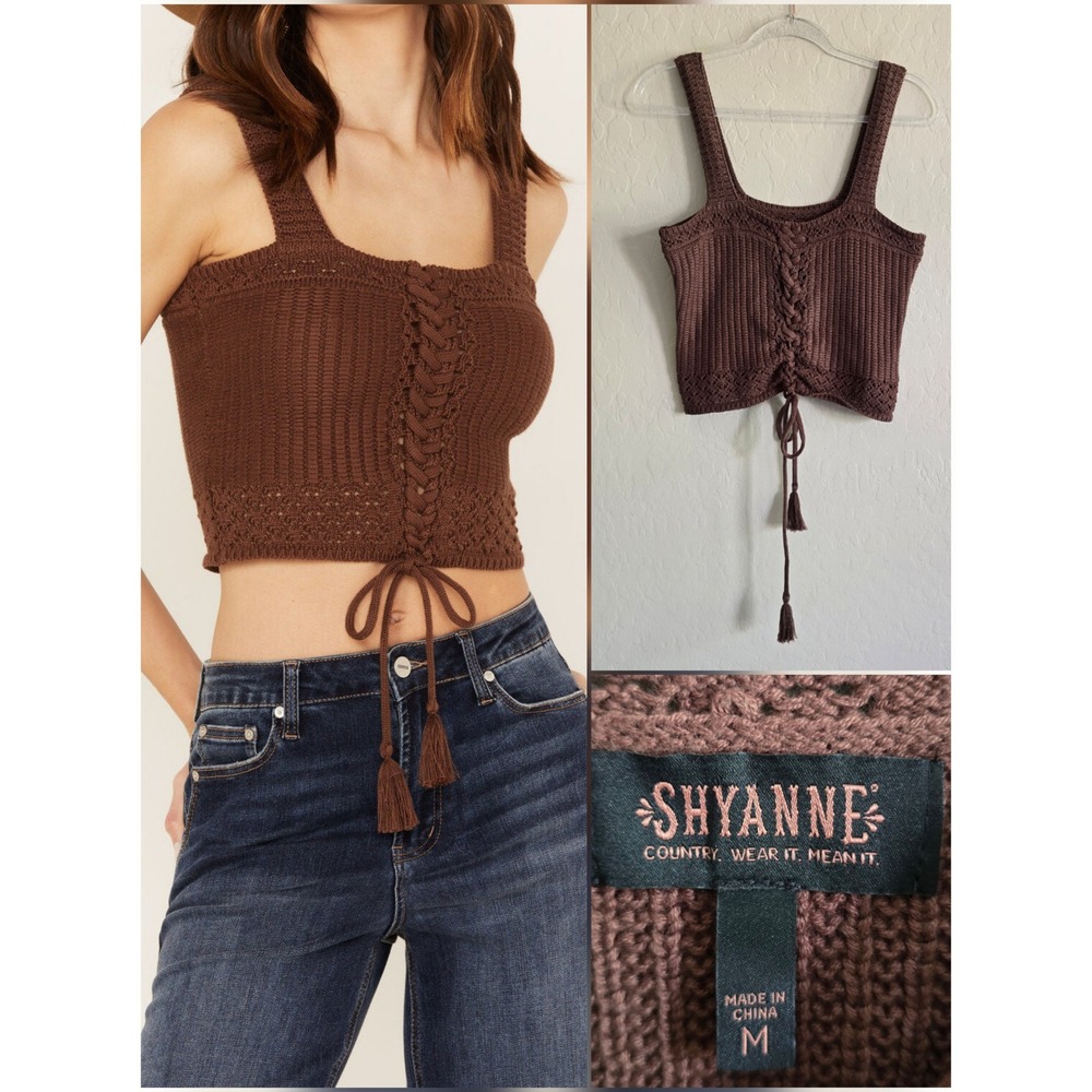 Shyanne Women's Tie Front Brown Sweater Tank Size Medium Country Feminine